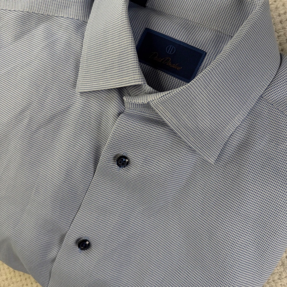 David Donahue Mens Blue White Micro Pattern Cotton Dress Shirt 17 34/35